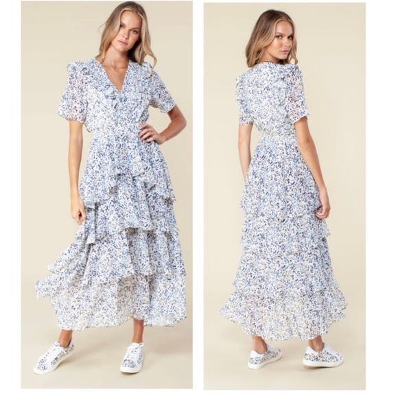 HALE BOB ELSIE CHIFFON TIERED FLUTTER SHORT SLEEVE FLORAL PRINT MAXI DRESS NEW - Picture 4 of 7